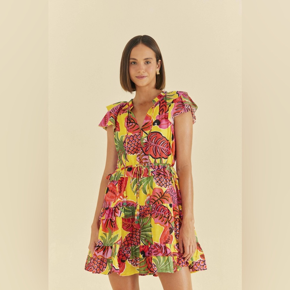 FARM Rio Yellow Fruit Dream Ruffle Mini Dress